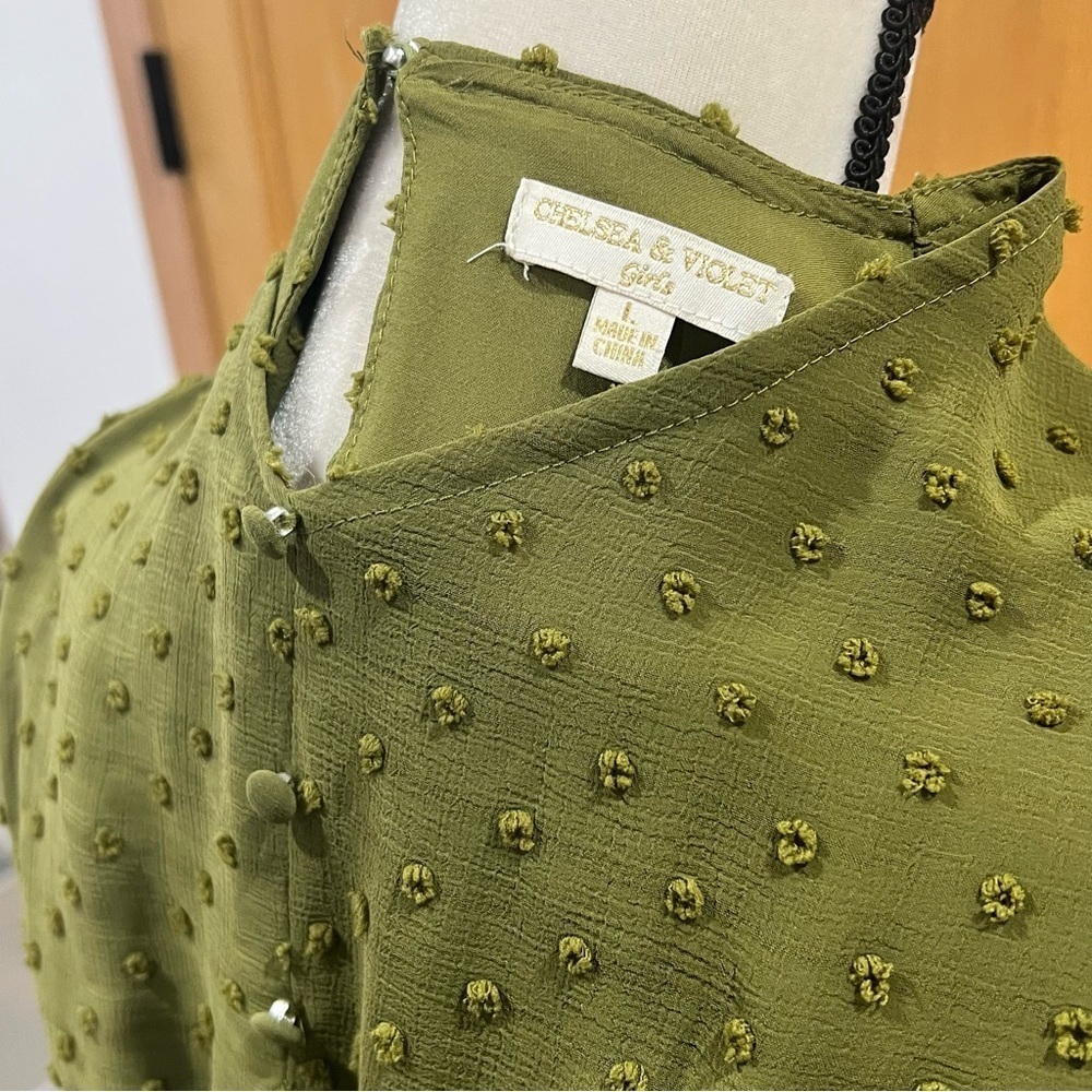 Chelsea Violet Big Girl Smocked Waist Clip Dot Mini Dress Longsleeve Olive Green - Picture 6 of 6